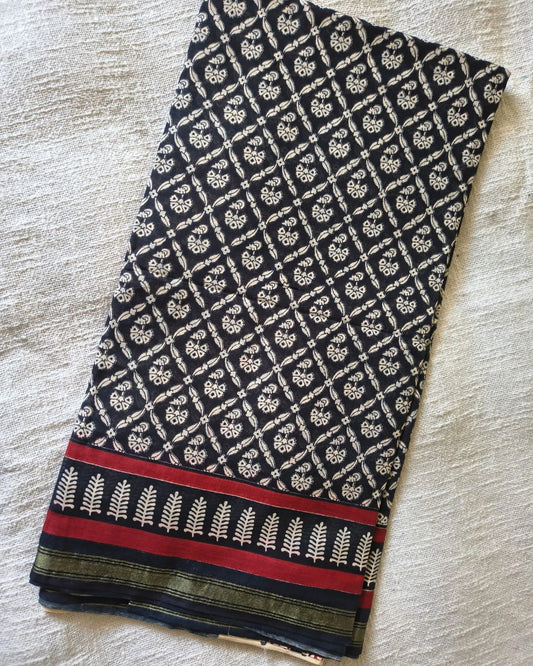 Ajrakh Block Print 120s Mul Cotton Saree - Black MammaHug