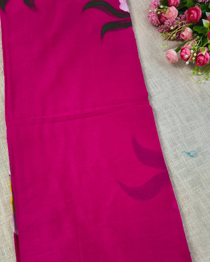 Soft Cotton Handloom Saree with Hand-Painted Floral Design - Rani Pink