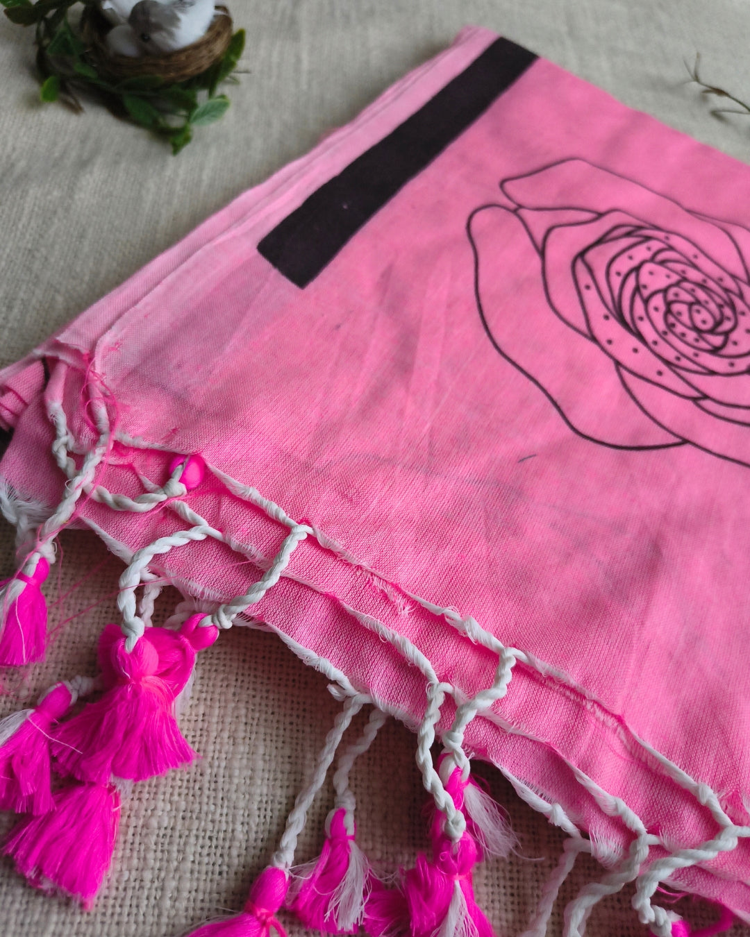 Khadi Cotton Handloom Saree with Printed Floral Design - Baby Pink