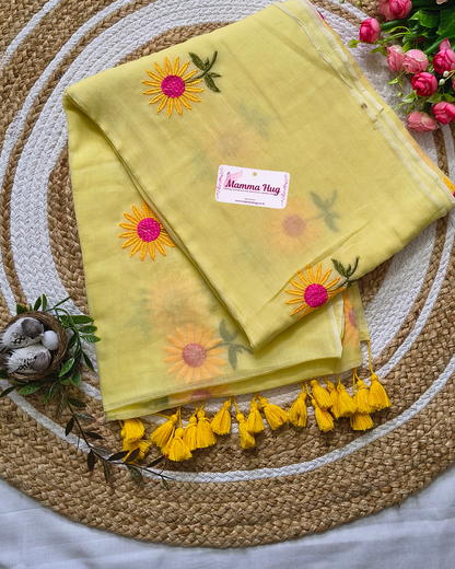 Mul Cottom Handloom Saree Flower Embroidery - Yellow