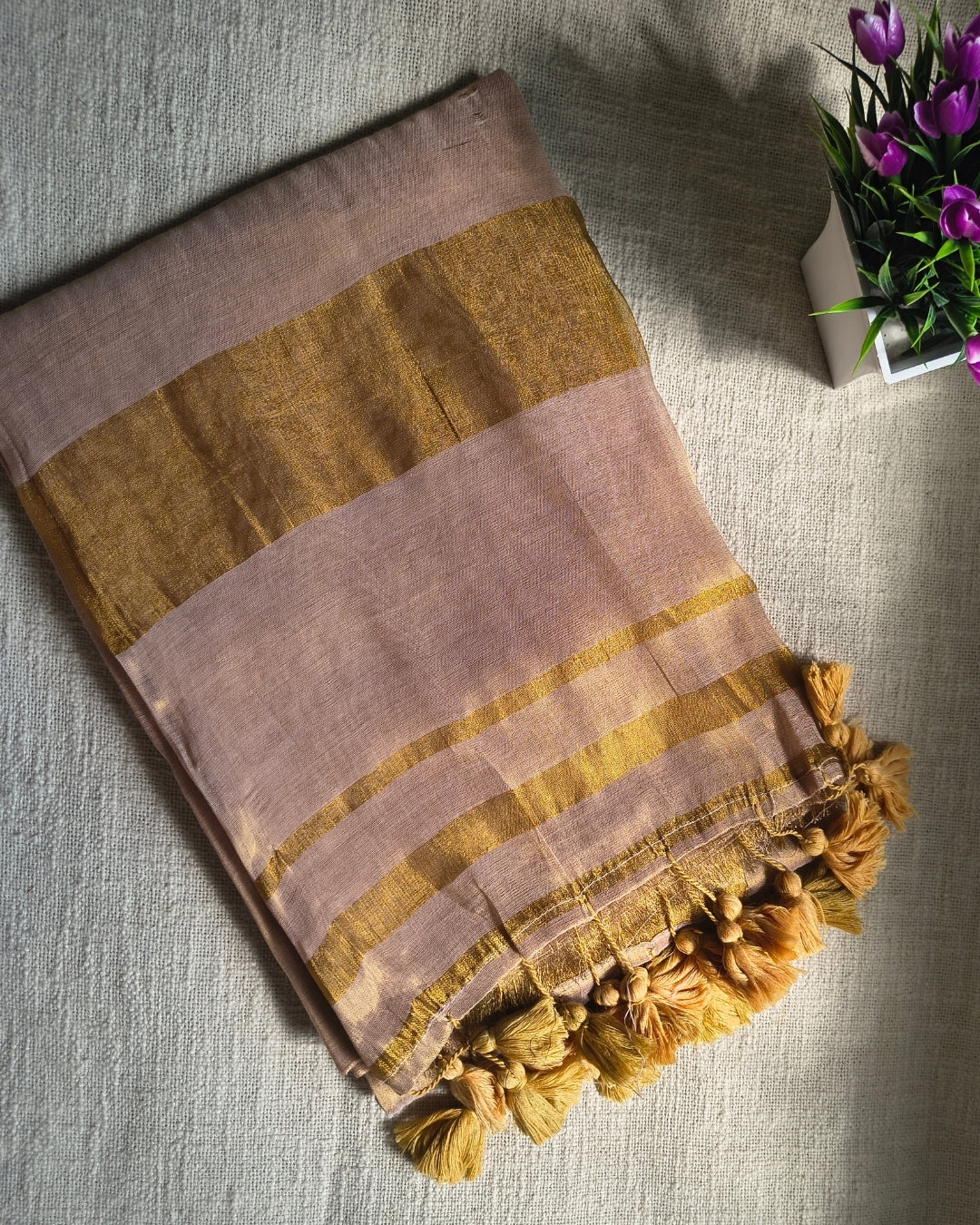 Soft Linen Tissue Saree Plain - Golden MammaHug