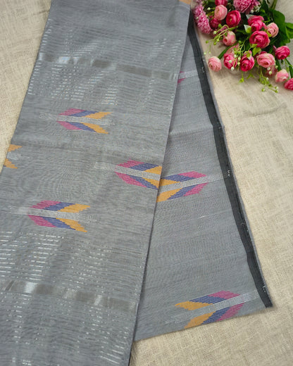 Cotton Silk Handloom Saree Woven with Silver Zari - Grey