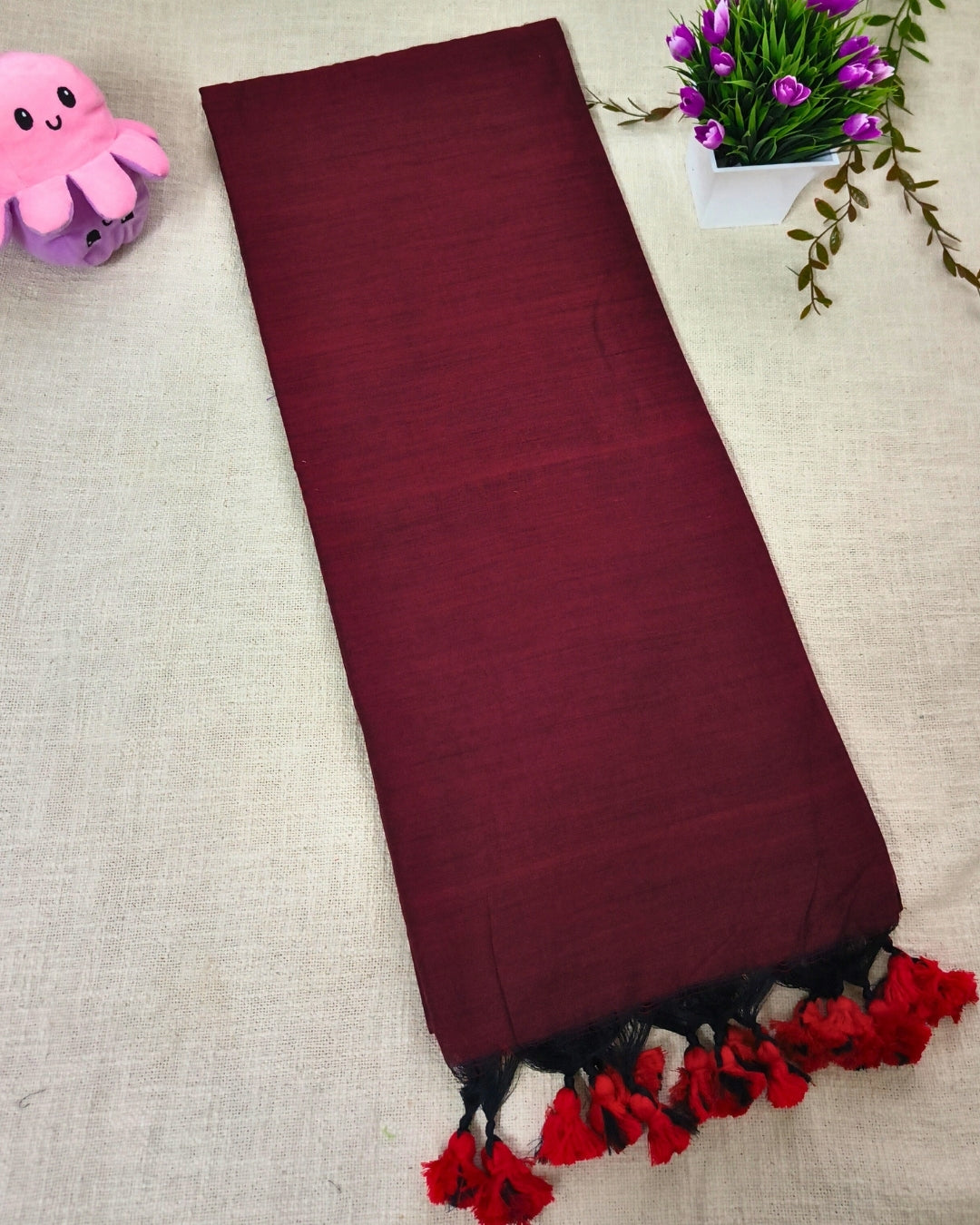 Khadi Cotton Handloom Saree Plain - Maroon