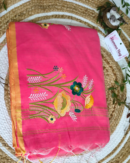 Floral Embroidery Handloom Saree - Slub Cotton (Peach Rose)