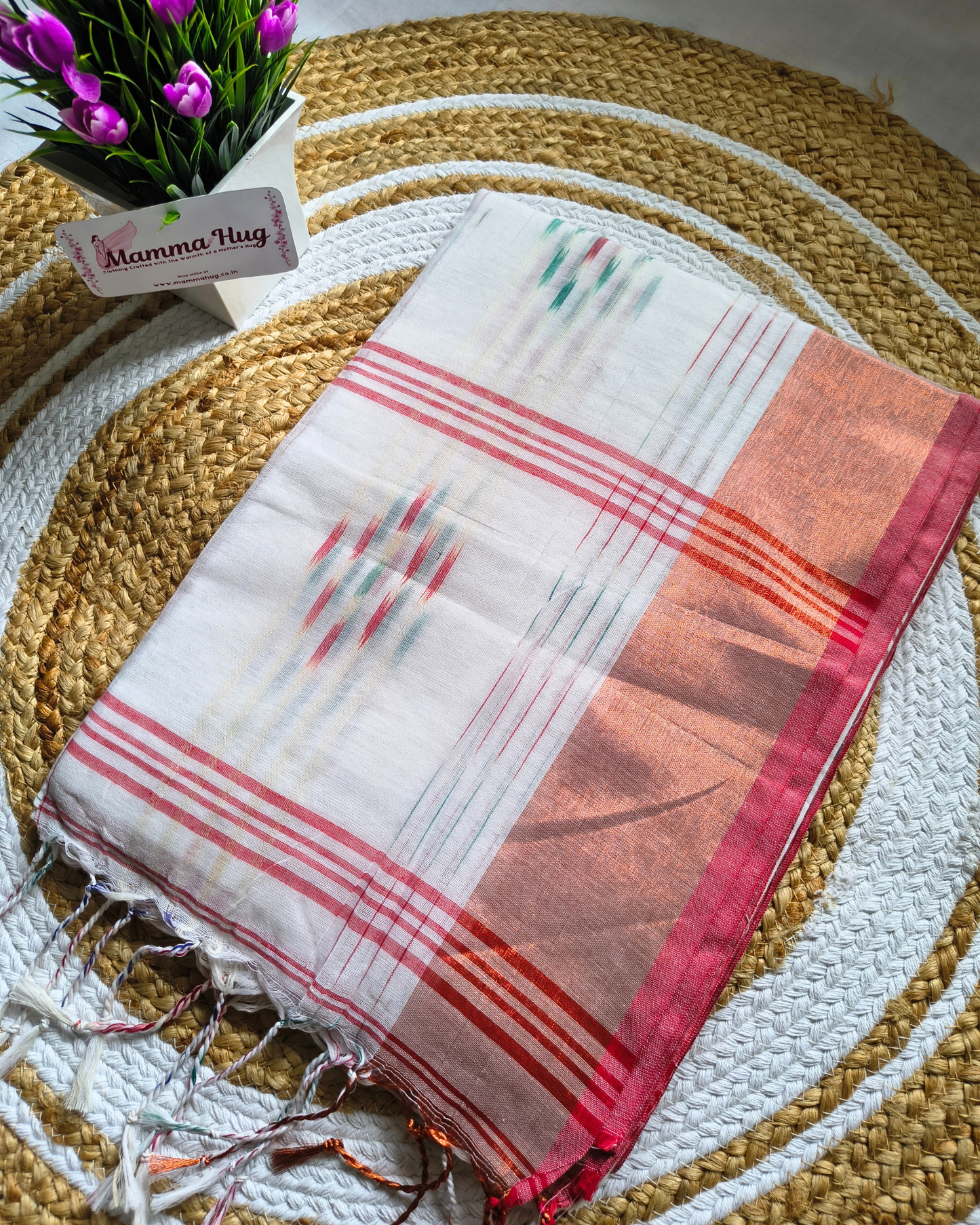 Pure Cotton Handloom Saree with Ikkat Design - White