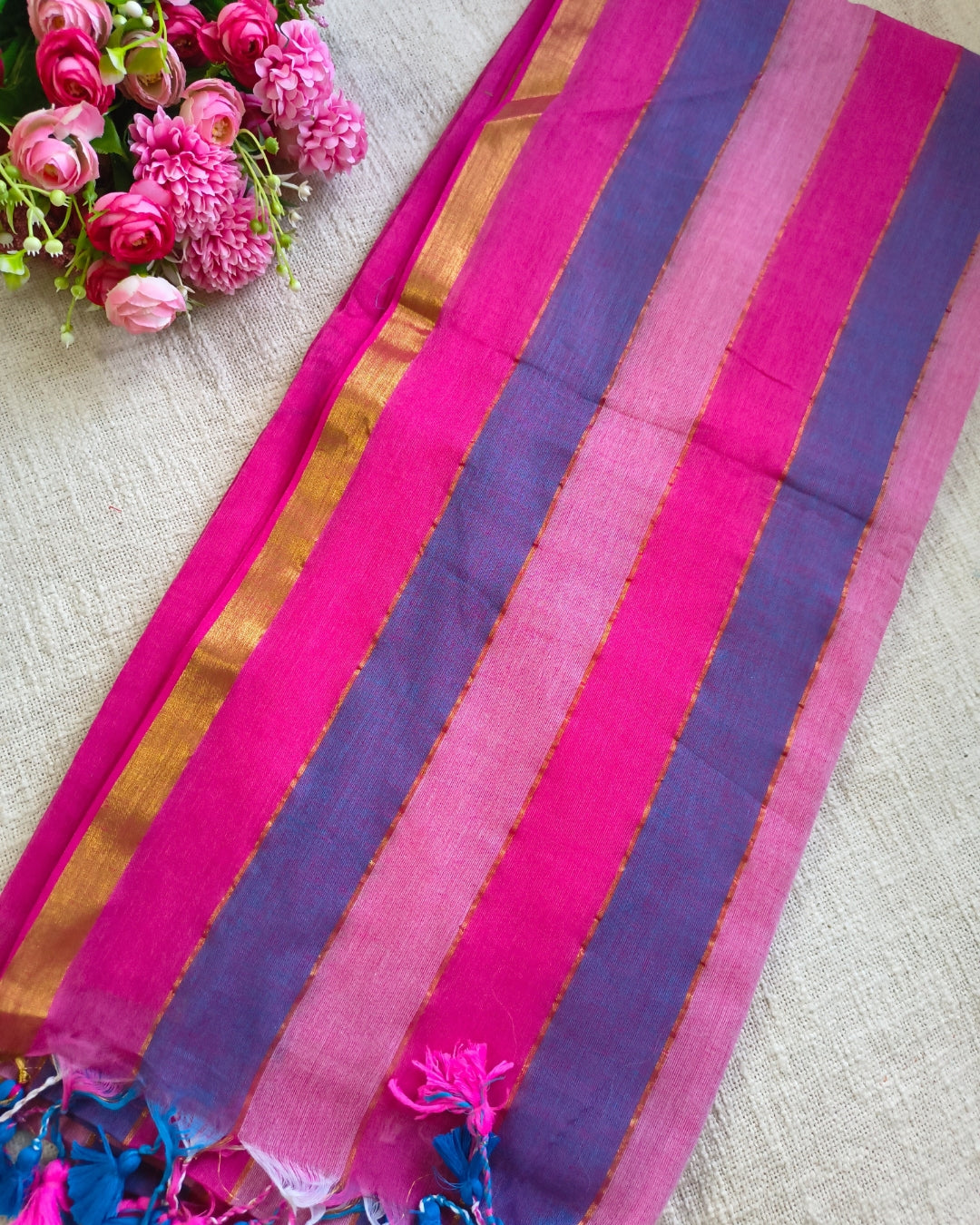 Premium Rainbow Mul Cotton Handloom Saree with Beautiful tassels - Pink