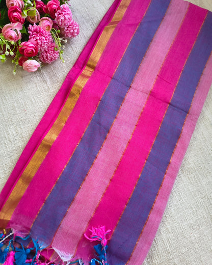 Premium Rainbow Mul Cotton Handloom Saree with Beautiful tassels - Pink