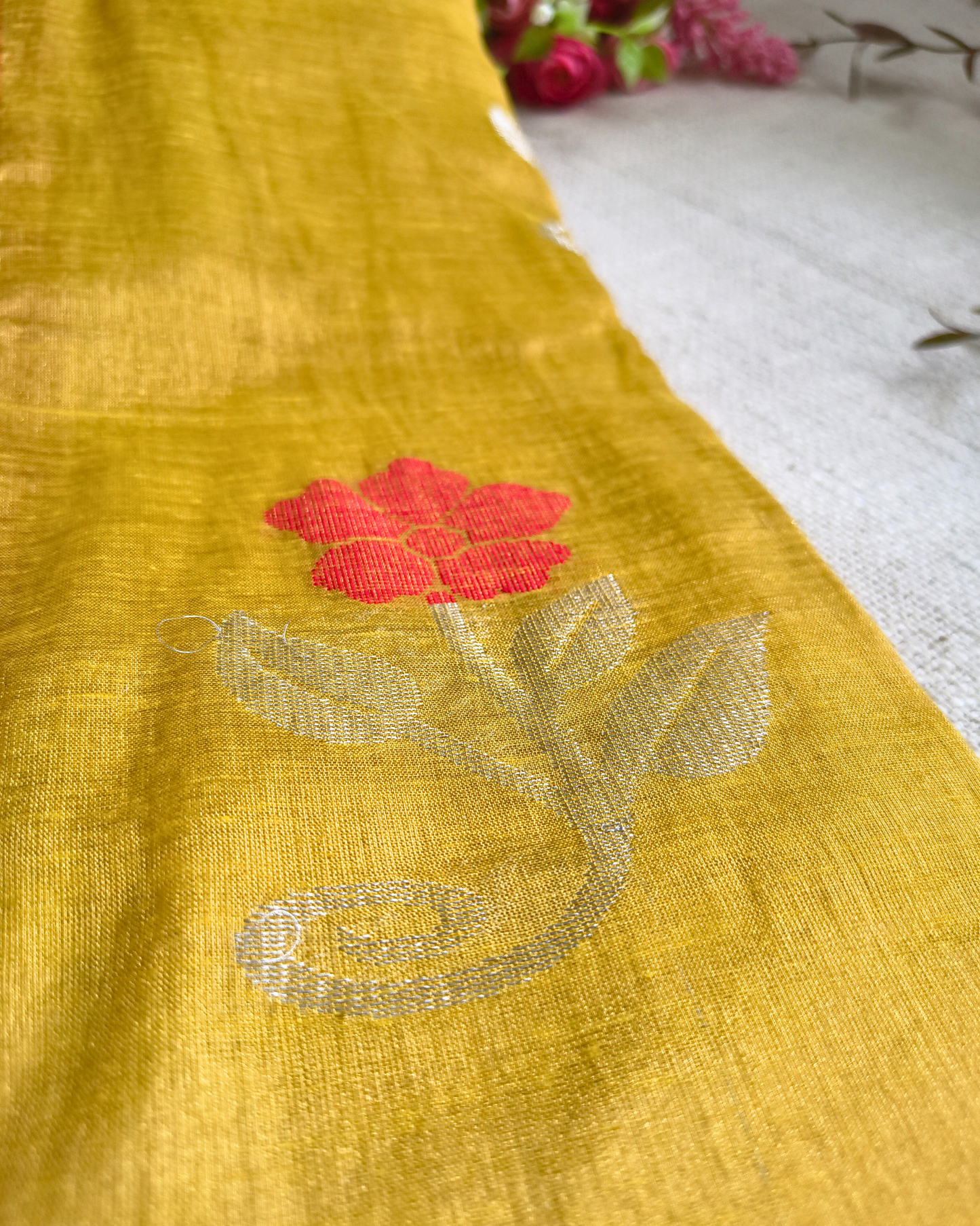 Handloom Metalic Tissue Linen with Jamdhani Weaving Buttas - Mustard Yellow