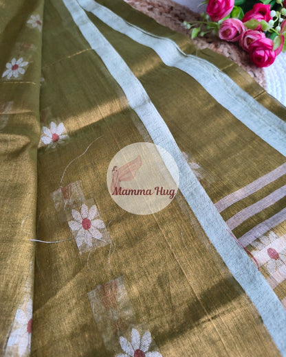 Handloom Cotton Tissue Saree with Machine Embroidery Design - Grey Brown