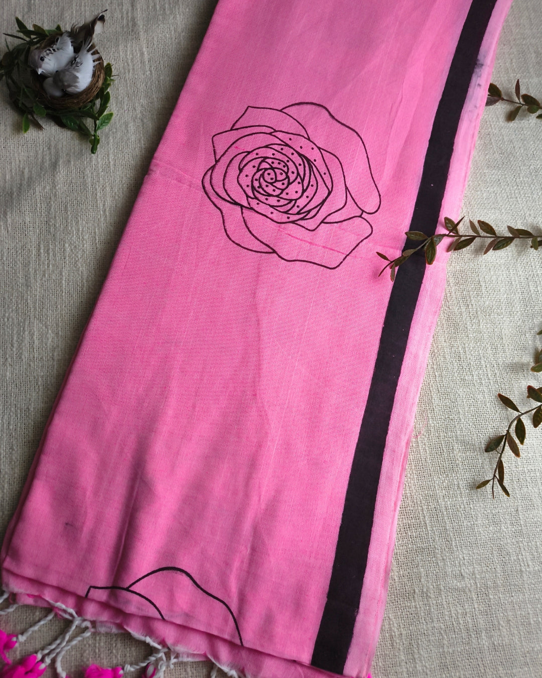Khadi Cotton Handloom Saree with Printed Floral Design - Baby Pink