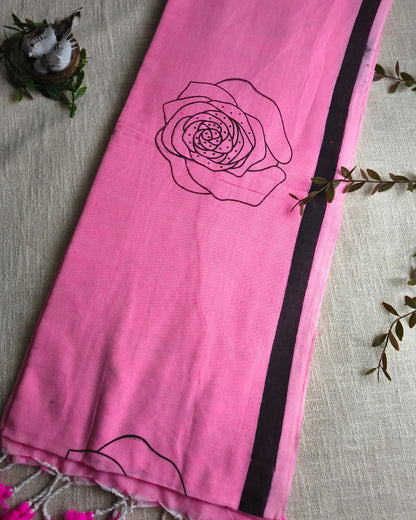 Khadi Cotton Handloom Saree with Printed Floral Design - Baby Pink