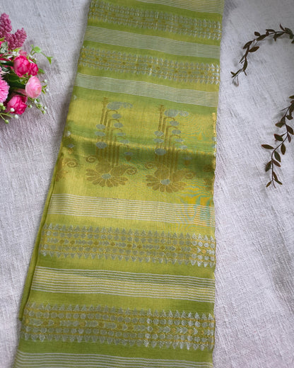 Soft Linen Tissue Saree with Golden Silver Zari weaving - Light Green