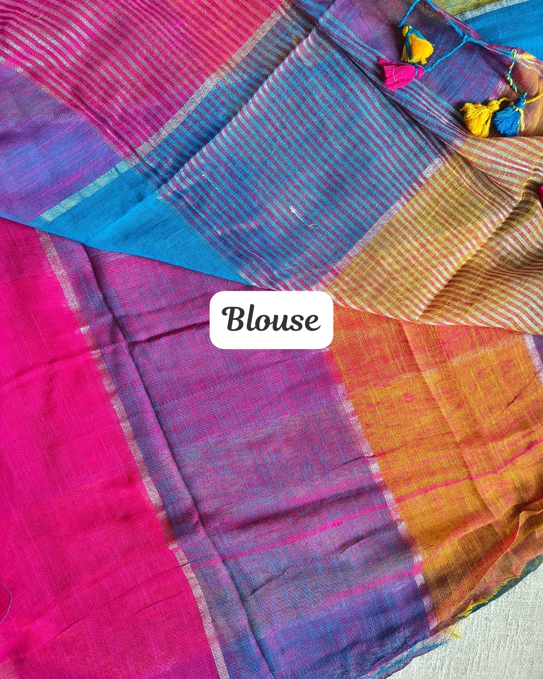 Pure Linen Cotton Handloom Saree Multicolor Checks - Blue & yellow MammaHug