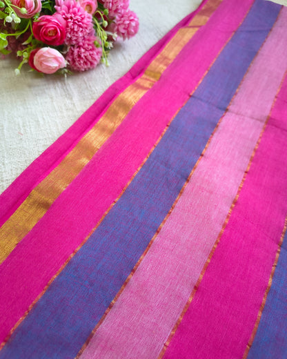 Premium Rainbow Mul Cotton Handloom Saree with Beautiful tassels - Pink