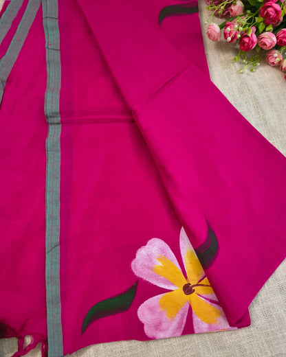 Soft Cotton Handloom Saree with Hand-Painted Floral Design - Rani Pink