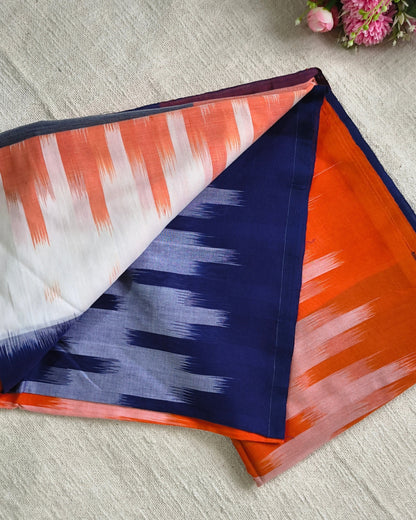 Pure Cottom Handloom Saree - Ikkat Geometry - Orange & Blue