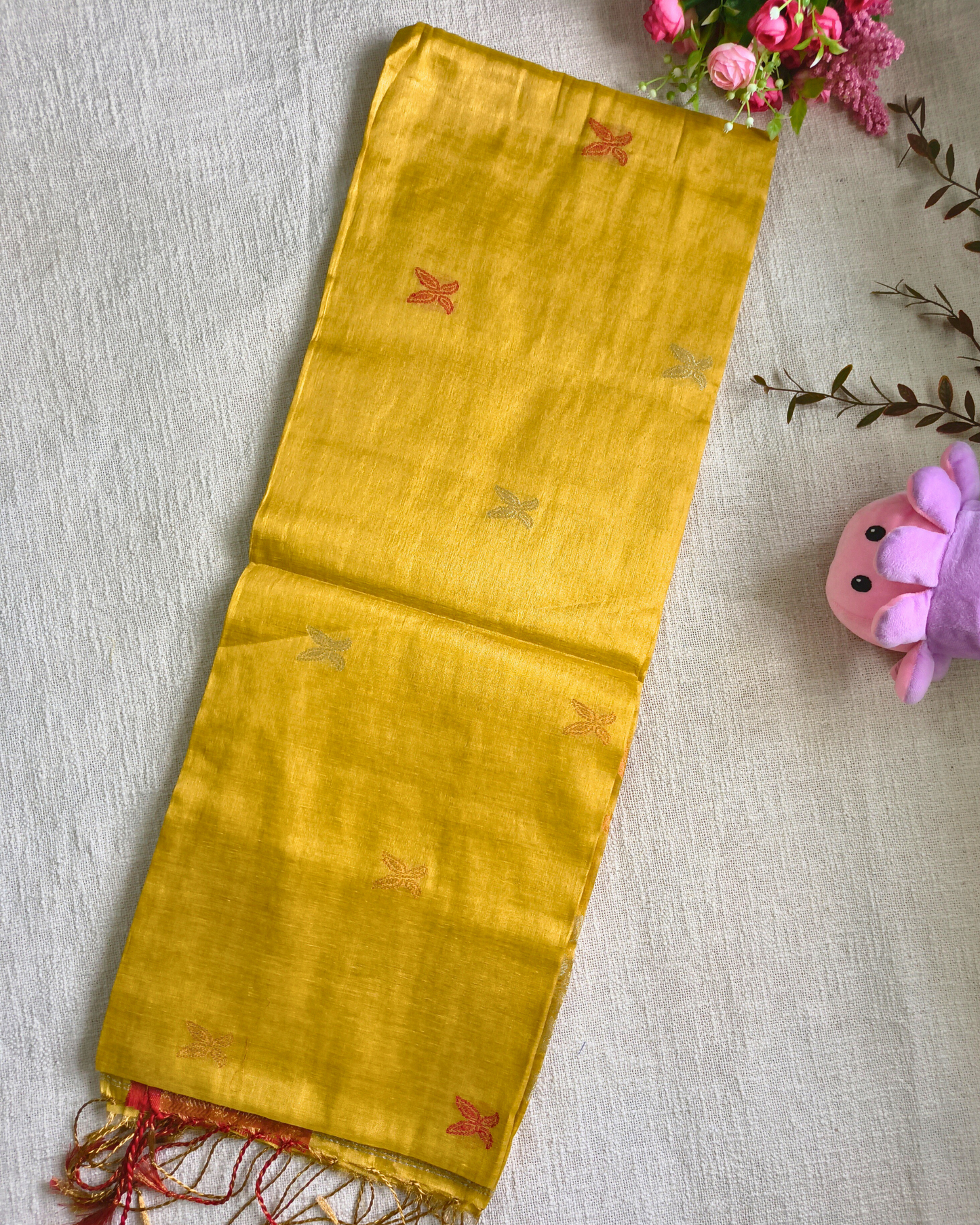 Handloom Metalic Tissue Linen with Jamdhani Weaving Buttas - Mustard Yellow