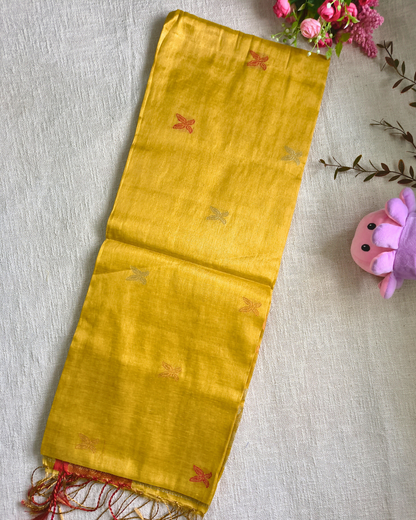 Handloom Metalic Tissue Linen with Jamdhani Weaving Buttas - Mustard Yellow