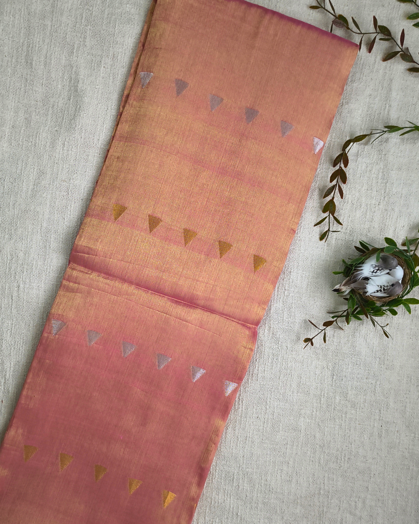 Linen Tissue Saree with Golden Silver Zari weaving - Rose Gold