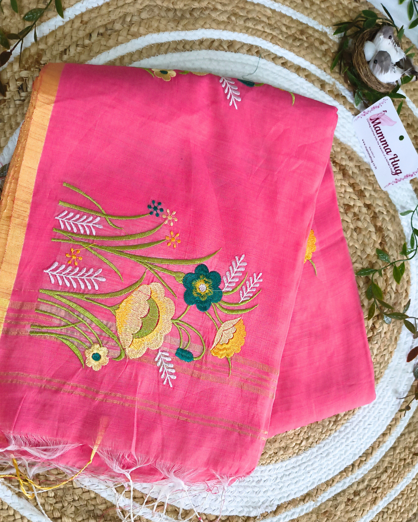 Floral Embroidery Handloom Saree - Slub Cotton (Peach Rose)