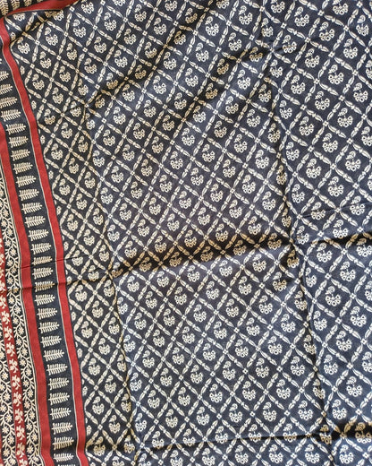 Ajrakh Block Print 120s Mul Cotton Saree - Black MammaHug