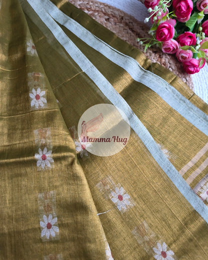 Handloom Cotton Tissue Saree with Machine Embroidery Design - Grey Brown