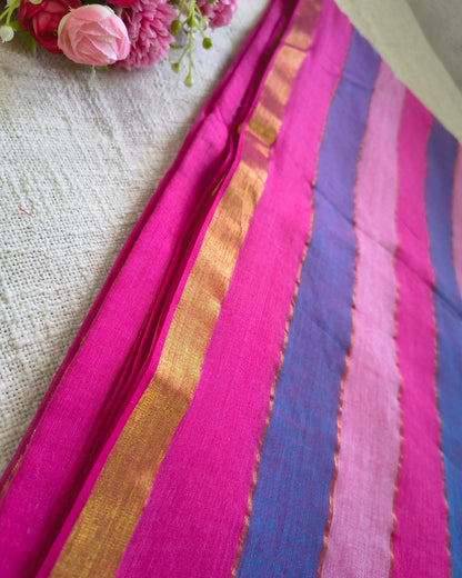 Premium Rainbow Mul Cotton Handloom Saree with Beautiful tassels - Pink
