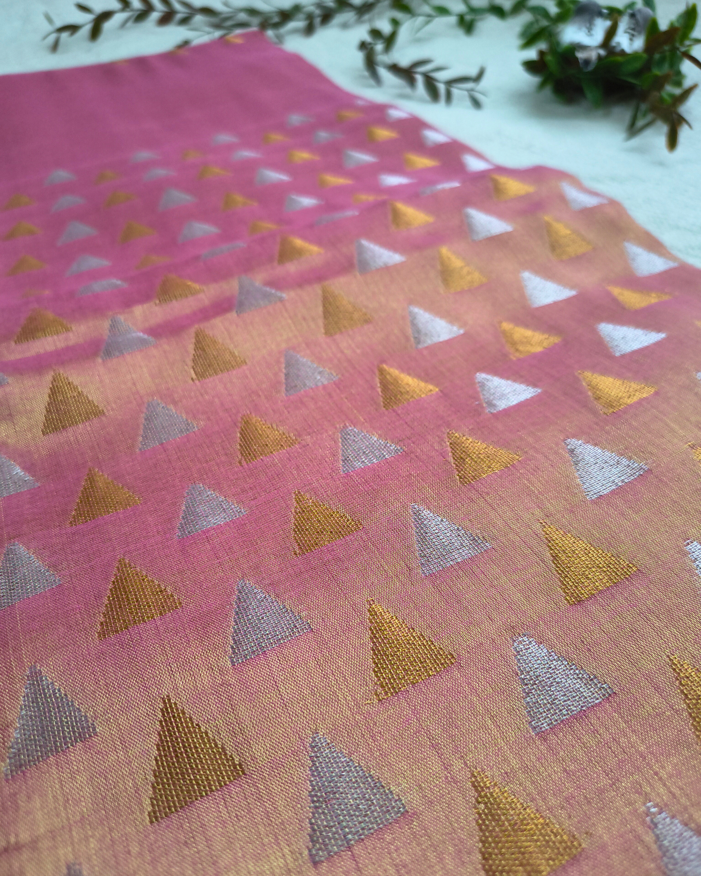 Linen Tissue Saree with Golden Silver Zari weaving - Rose Gold