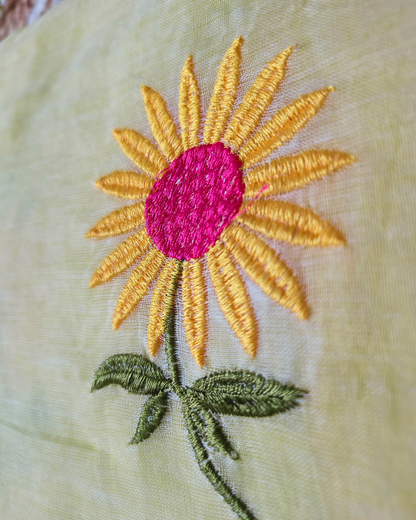 Mul Cottom Handloom Saree Flower Embroidery - Yellow