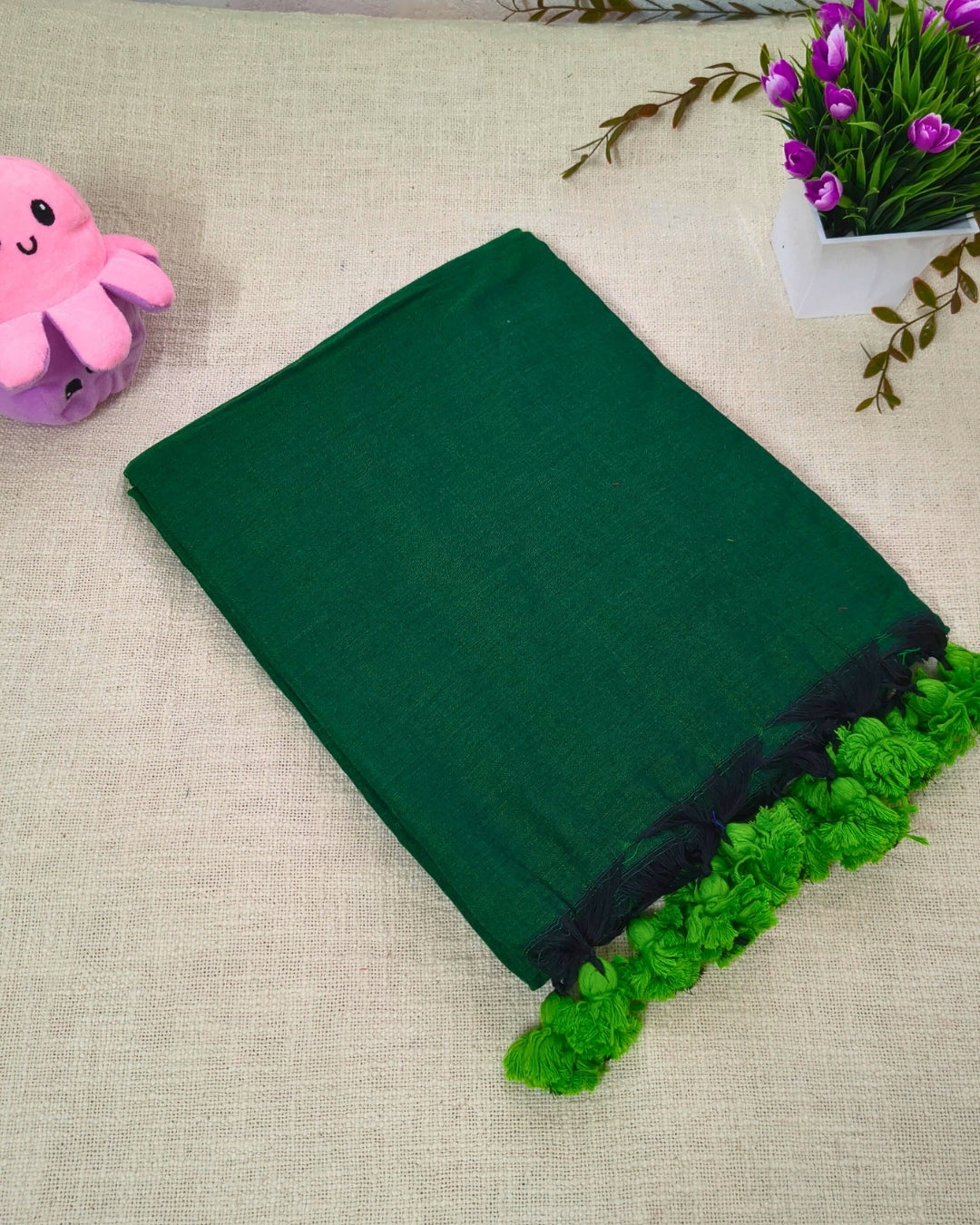 Khadi Cotton Handloom Saree Plain - Bottle Green
