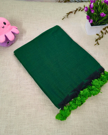Khadi Cotton Handloom Saree Plain - Bottle Green
