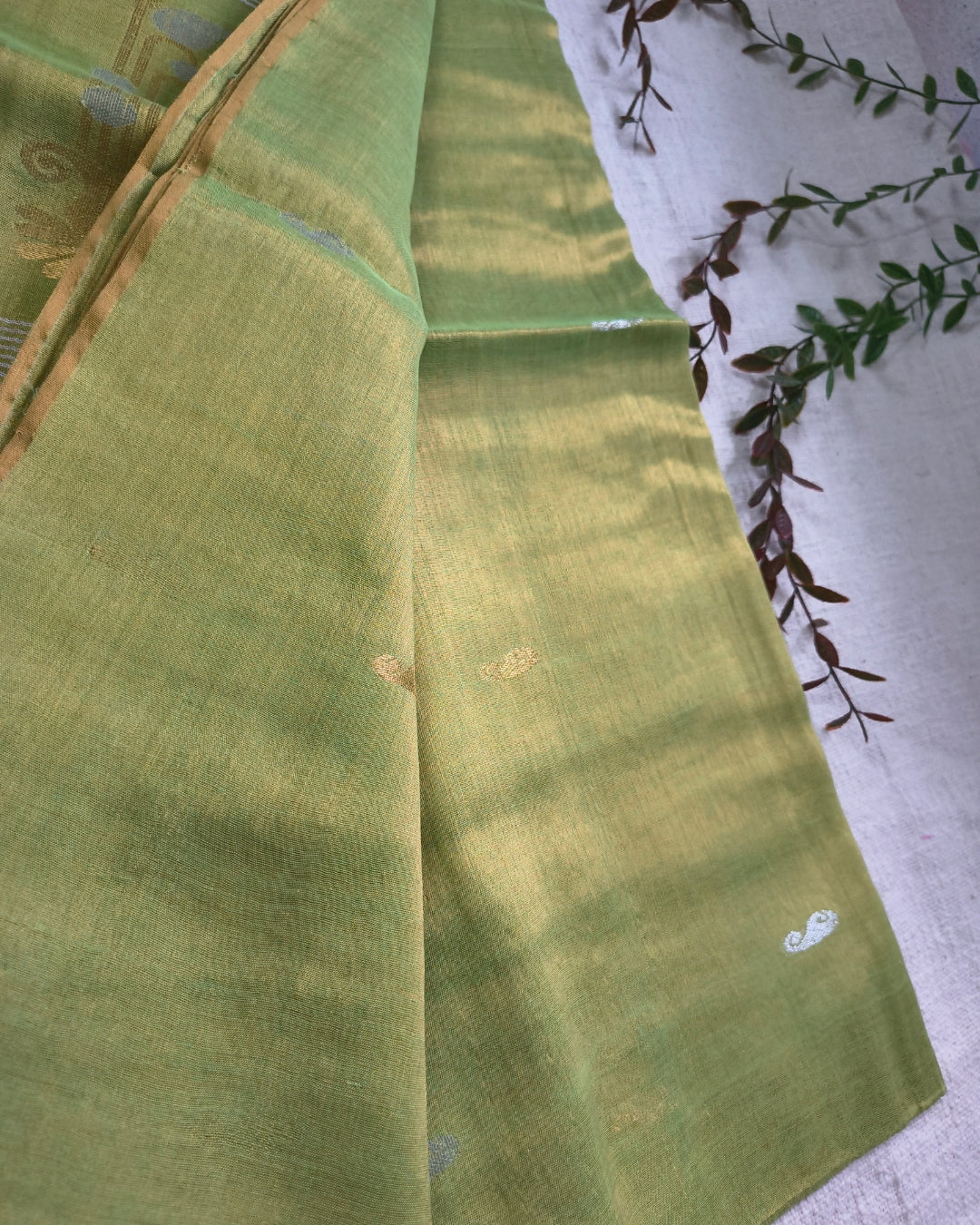 Soft Linen Tissue Saree with Golden Silver Zari weaving - Light Green
