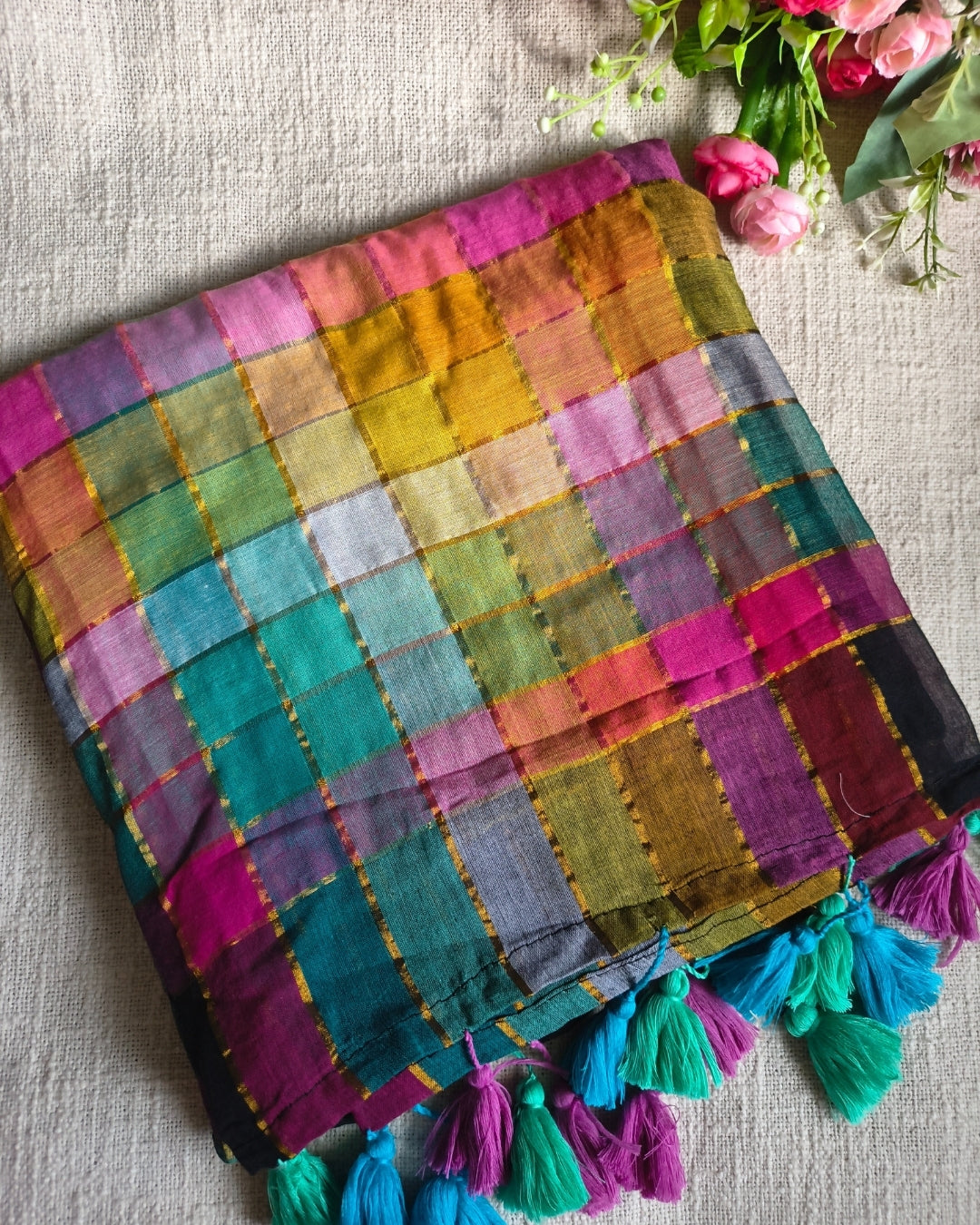 Mul Cotton Handloom Saree - Rainbow Zari - Black MammaHug