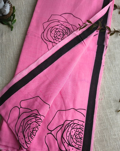 Khadi Cotton Handloom Saree with Printed Floral Design - Baby Pink