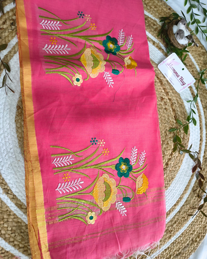 Floral Embroidery Handloom Saree - Slub Cotton (Peach Rose)