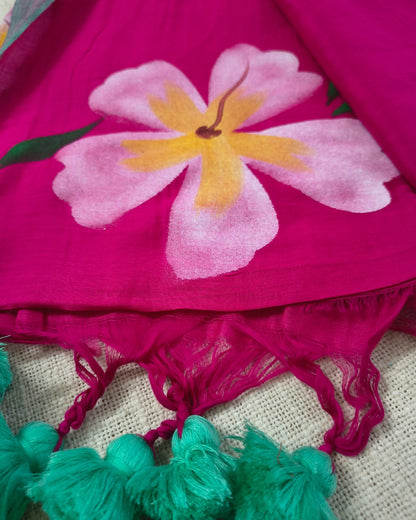 Soft Cotton Handloom Saree with Hand-Painted Floral Design - Rani Pink