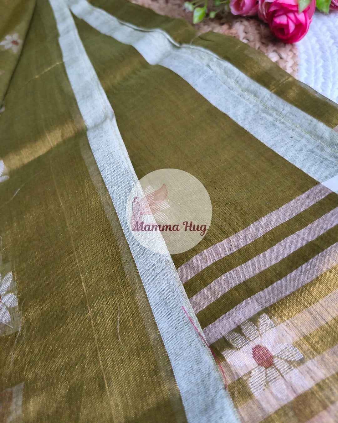 Handloom Cotton Tissue Saree with Machine Embroidery Design - Grey Brown