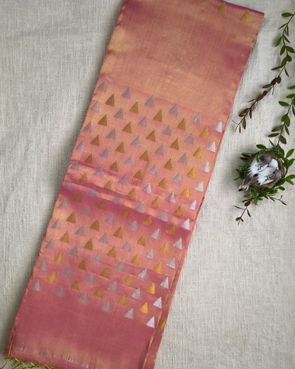 Linen Tissue Saree with Golden Silver Zari weaving - Rose Gold