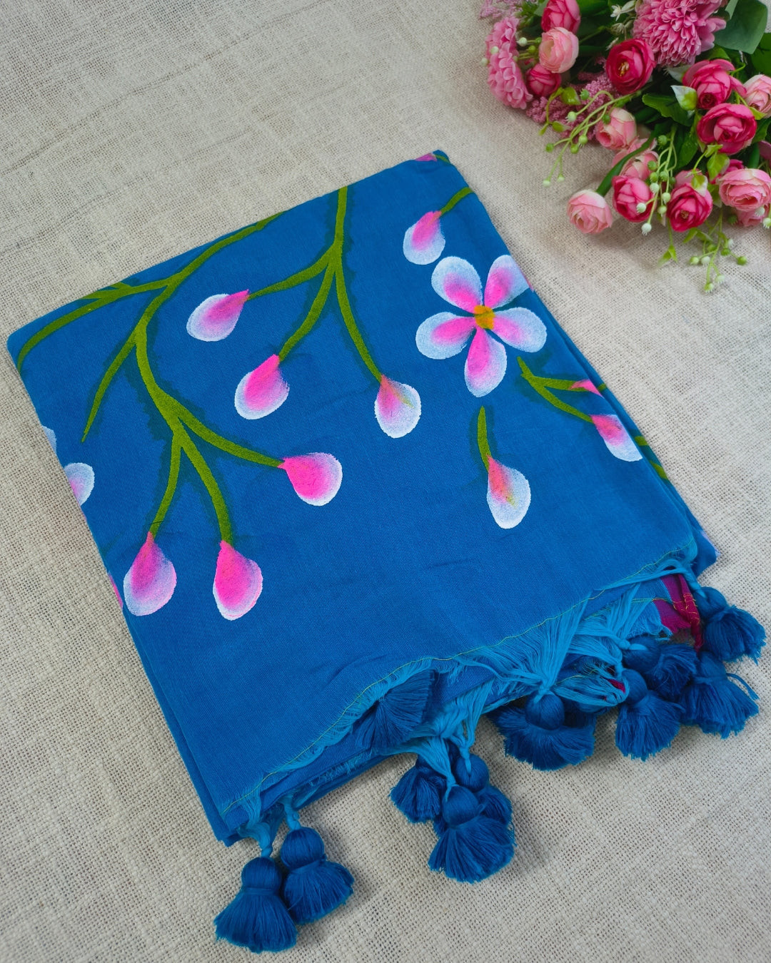Soft Cotton Handloom Saree with Hand-Painted Floral Design - Vivid Blue MammaHug