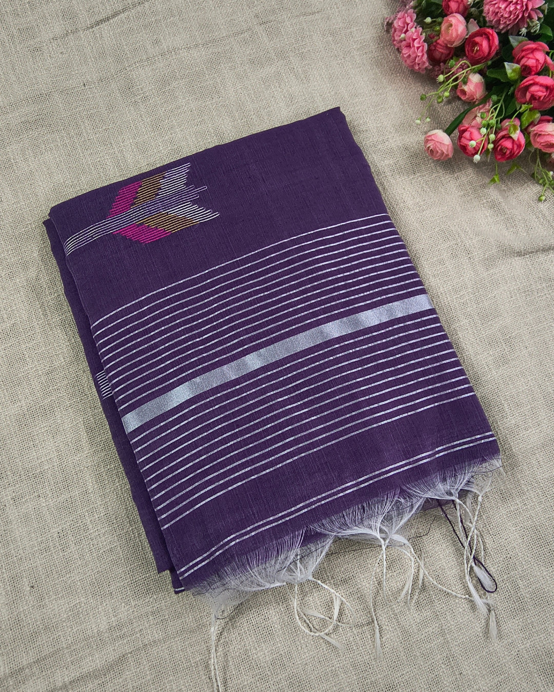 Cotton Silk Handloom Saree Woven with Silver Zari - Purple