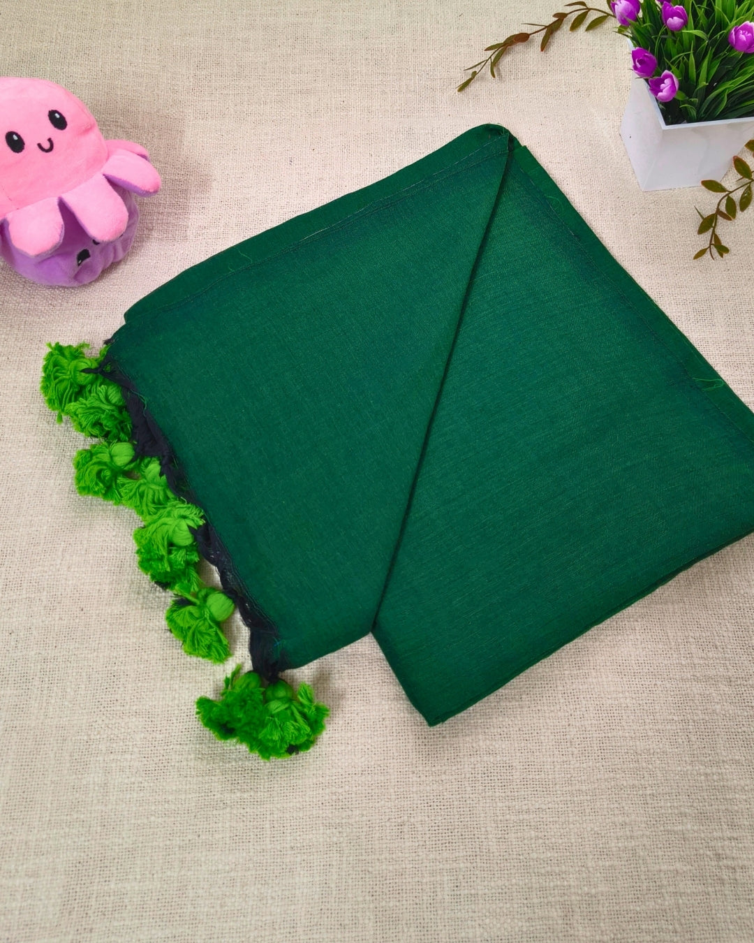 Khadi Cotton Handloom Saree Plain - Bottle Green