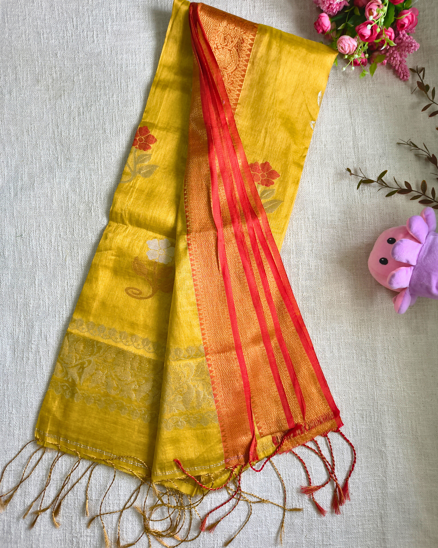 Handloom Metalic Tissue Linen with Jamdhani Weaving Buttas - Mustard Yellow