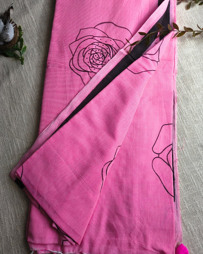 Khadi Cotton Handloom Saree with Printed Floral Design - Baby Pink