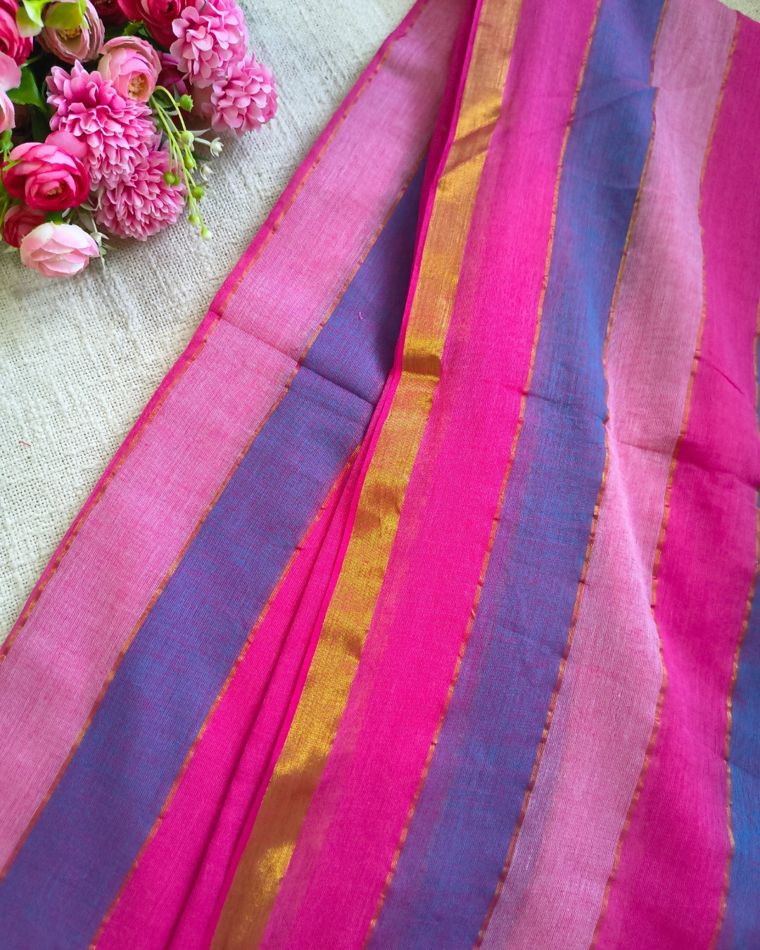 Premium Rainbow Mul Cotton Handloom Saree with Beautiful tassels - Pink