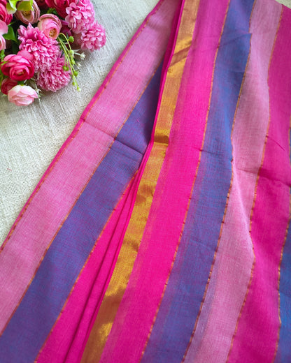 Premium Rainbow Mul Cotton Handloom Saree with Beautiful tassels - Pink