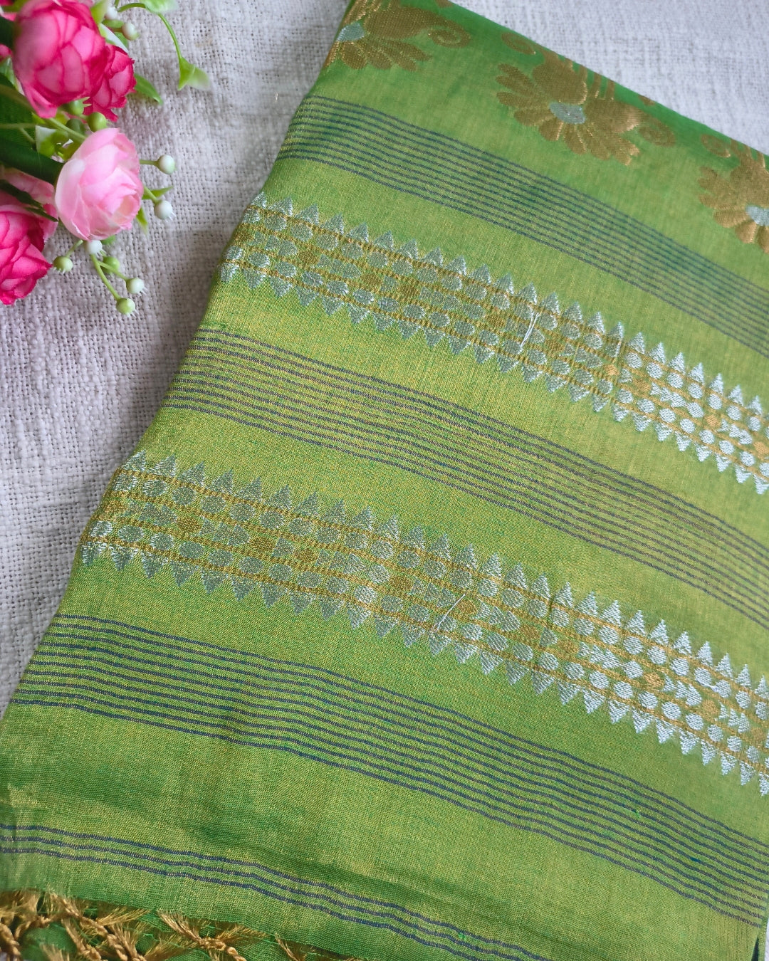 Soft Linen Tissue Saree with Golden Silver Zari weaving - Parrot Green