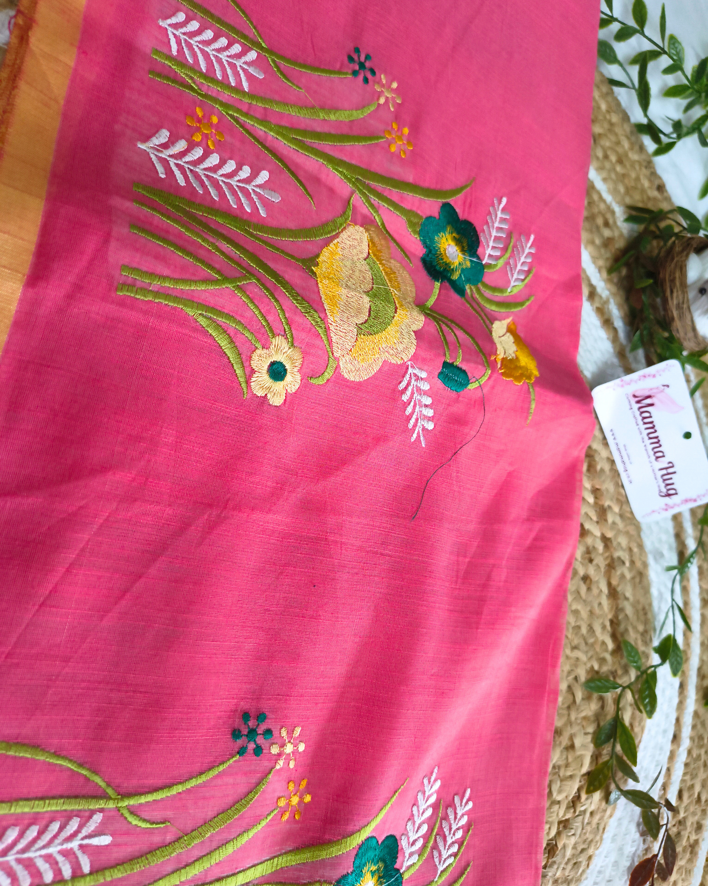 Floral Embroidery Handloom Saree - Slub Cotton (Peach Rose)