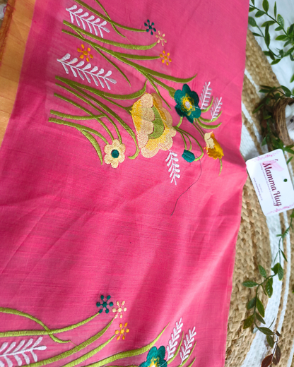 Floral Embroidery Handloom Saree - Slub Cotton (Peach Rose)