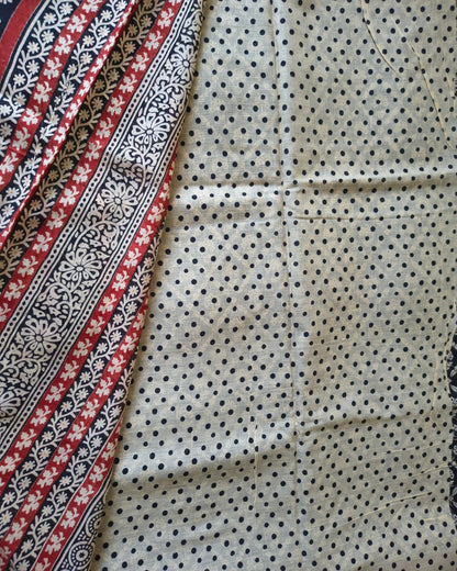 Ajrakh Block Print 120s Mul Cotton Saree - Black MammaHug