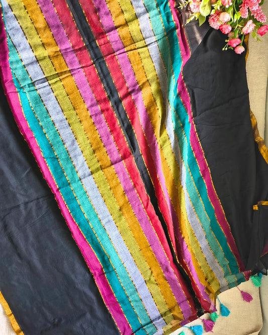Mul Cotton Handloom Saree - Rainbow Zari - Black